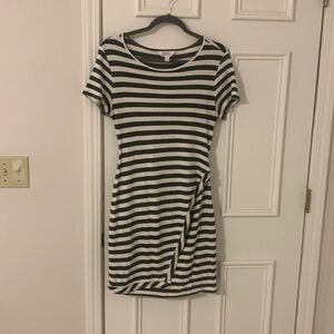 Olive striped cotton dress, flattering tummy panel
